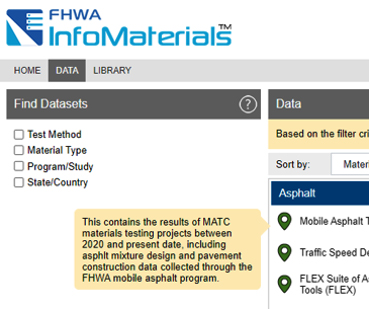 Screenshot of FHWA InfoMaterials Data webpage showcasing the dataset created for the Mobile Asphalt Technology Center.